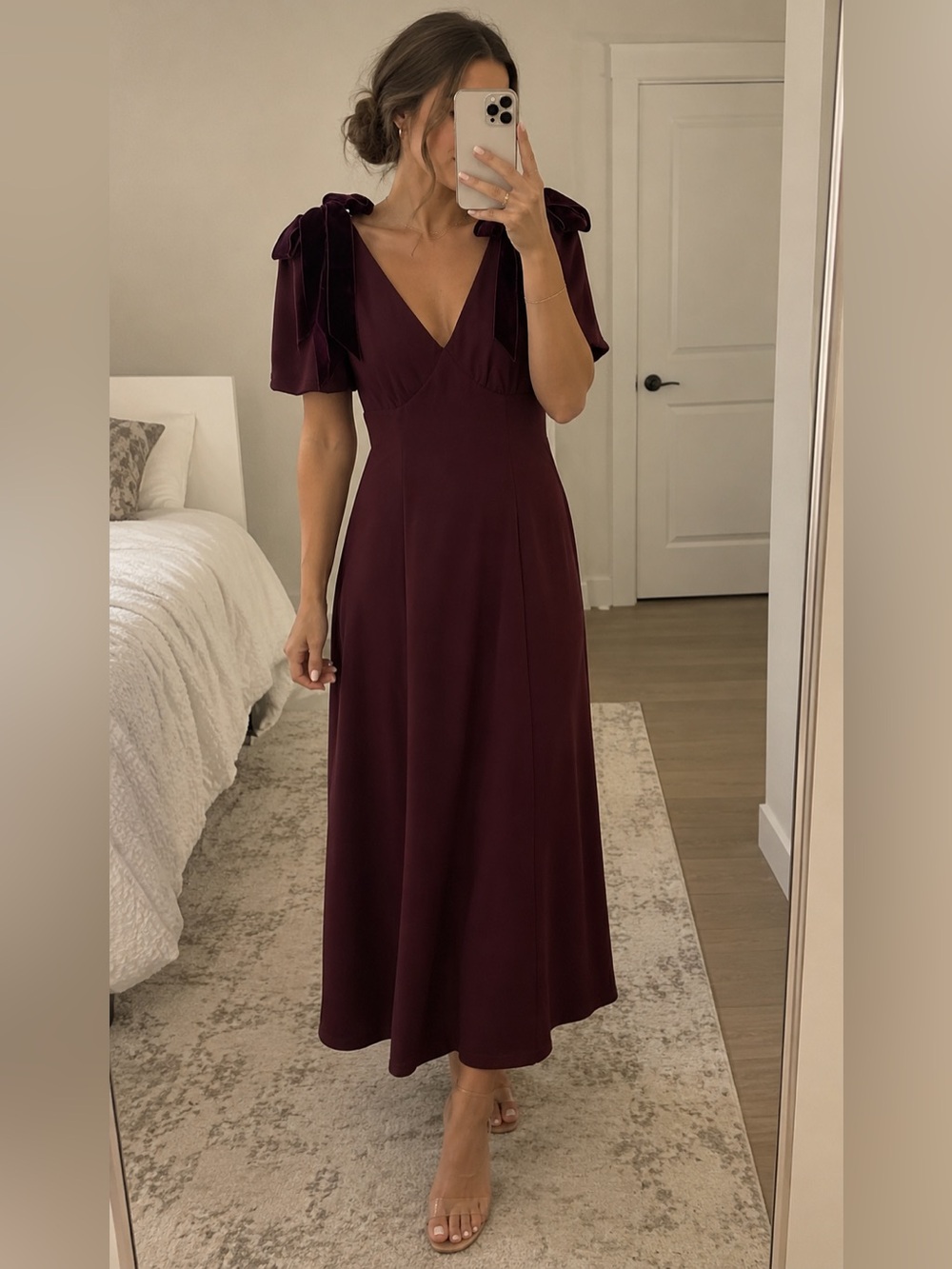 ASTR The Label Burgundy V-Neck Midi Dress with Bow Shoulder Size XS